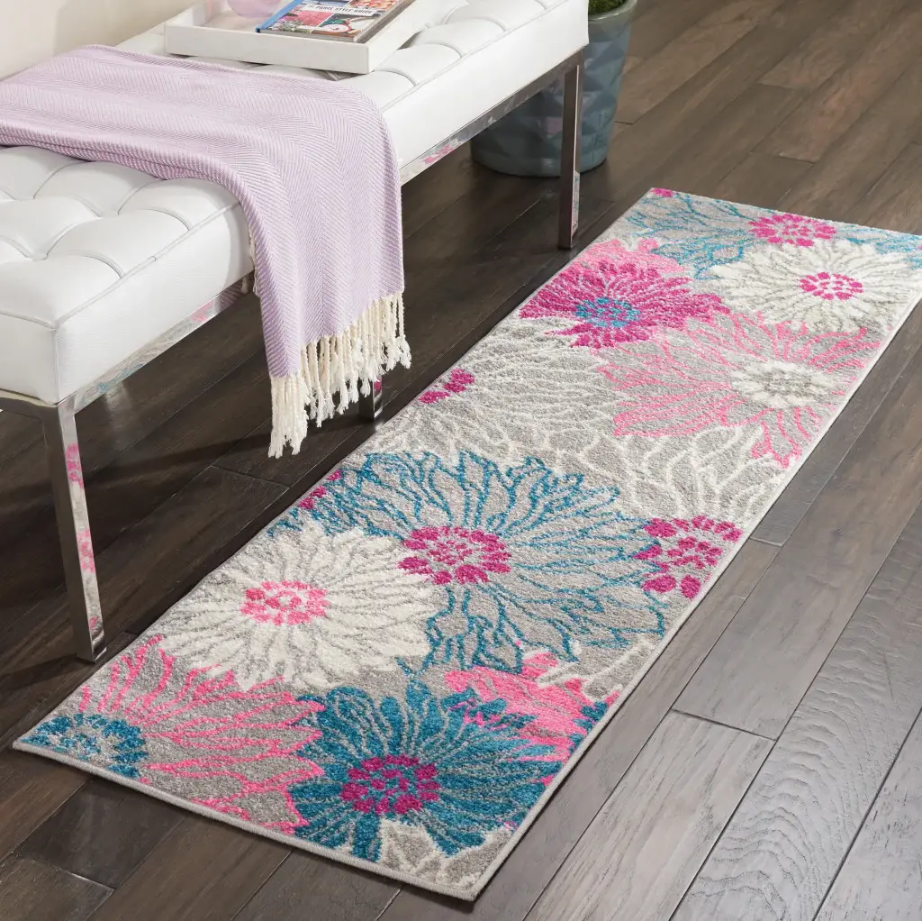 6' Gray Floral Dhurrie Runner Rug - Image 4