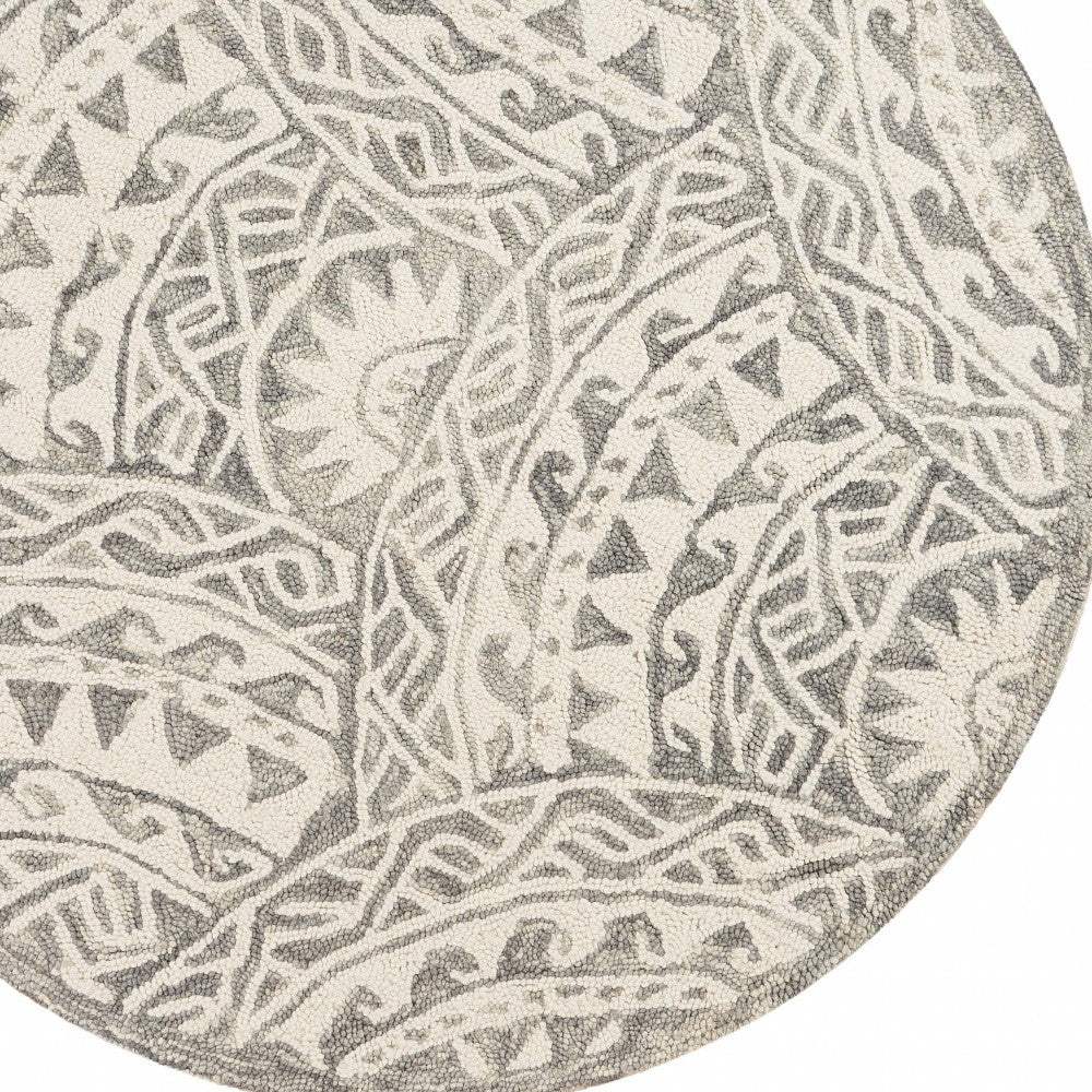 6' Gray Round Wool Geometric Hand Tufted Area Rug - Image 2