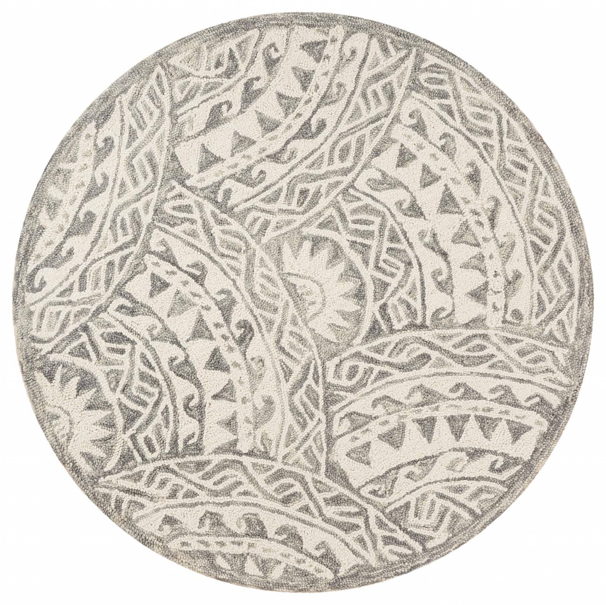 6' Gray Round Wool Geometric Hand Tufted Area Rug - Image 3