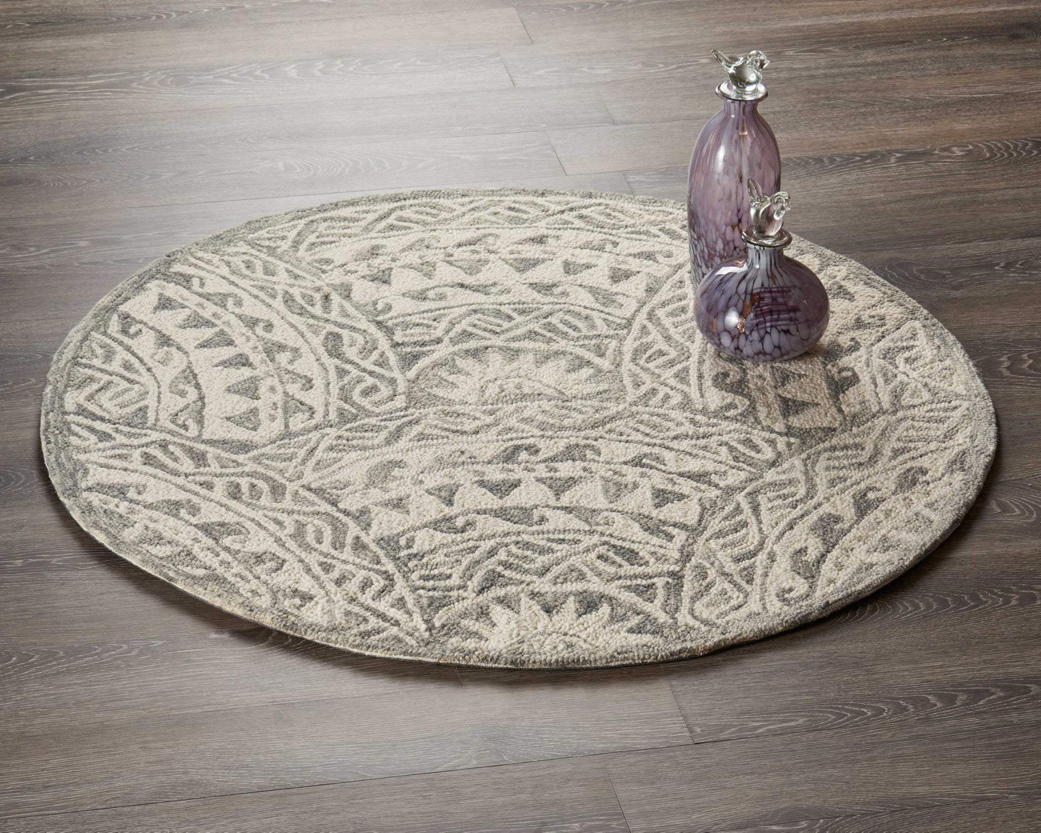 6' Gray Round Wool Geometric Hand Tufted Area Rug - Image 4