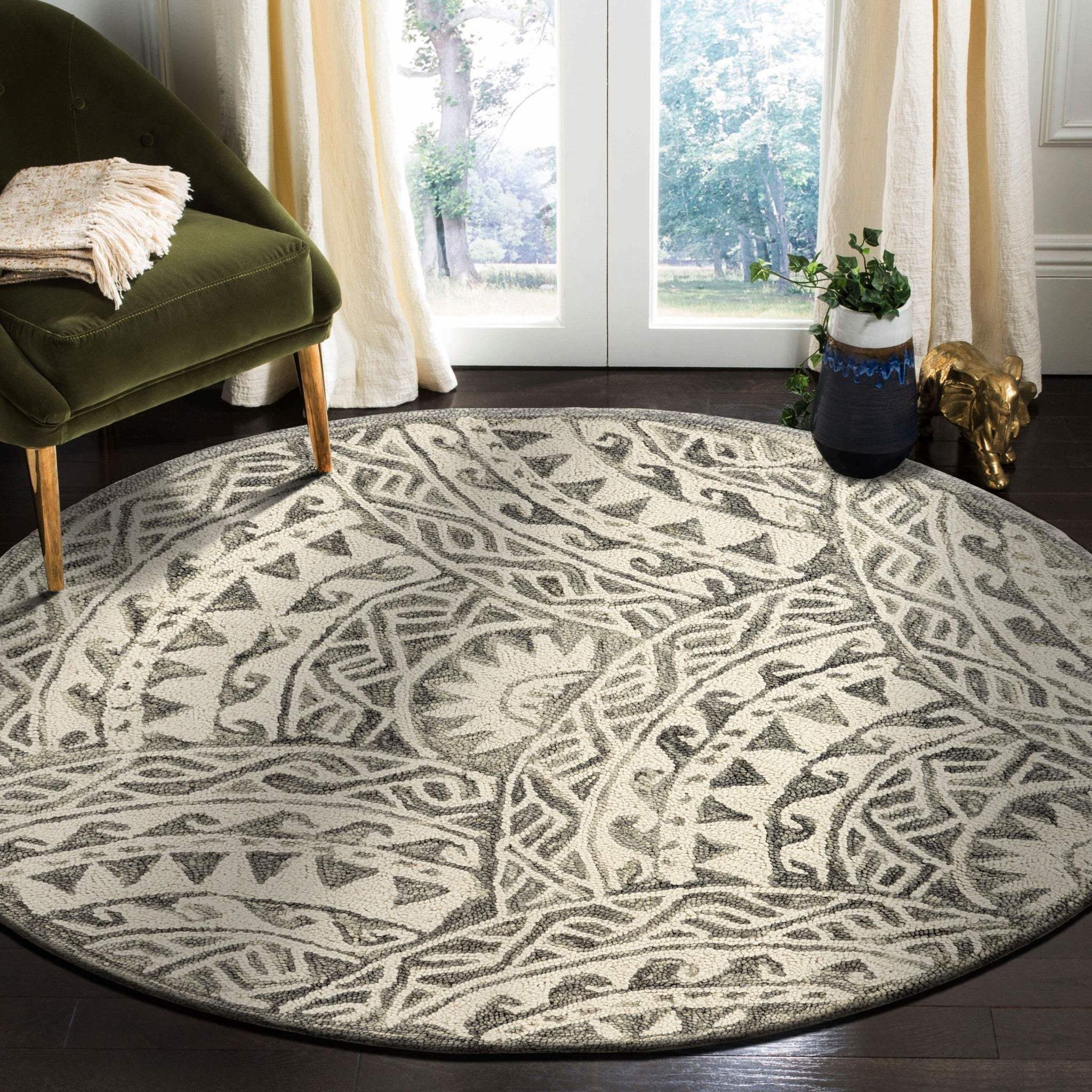 6' Gray Round Wool Geometric Hand Tufted Area Rug - Image 5