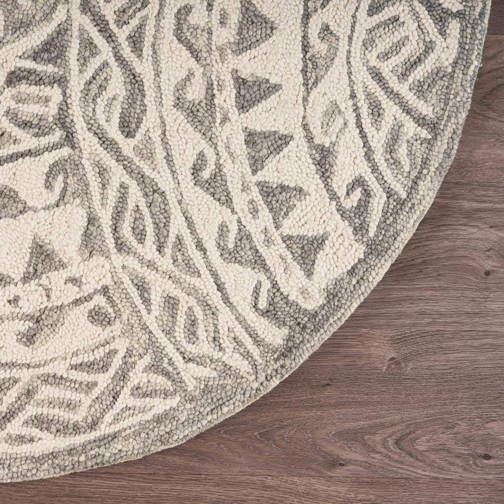 6' Gray Round Wool Geometric Hand Tufted Area Rug - Image 8