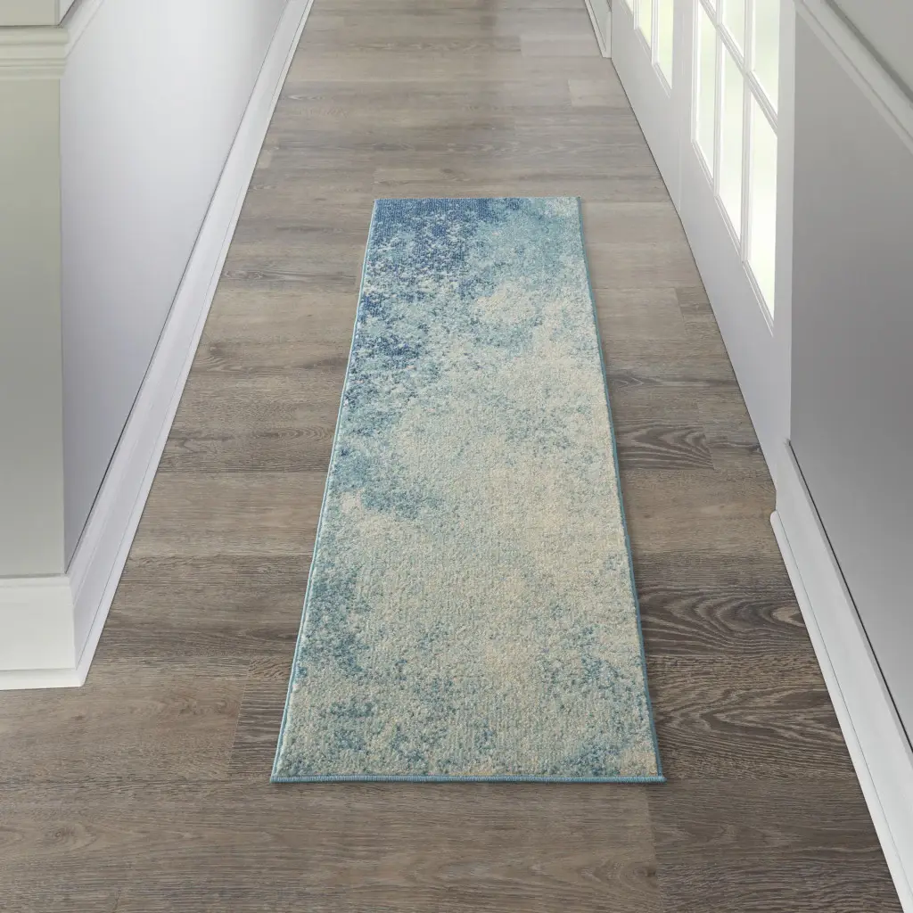 6' Ivory And Blue Abstract Power Loom Runner Rug - Image 5