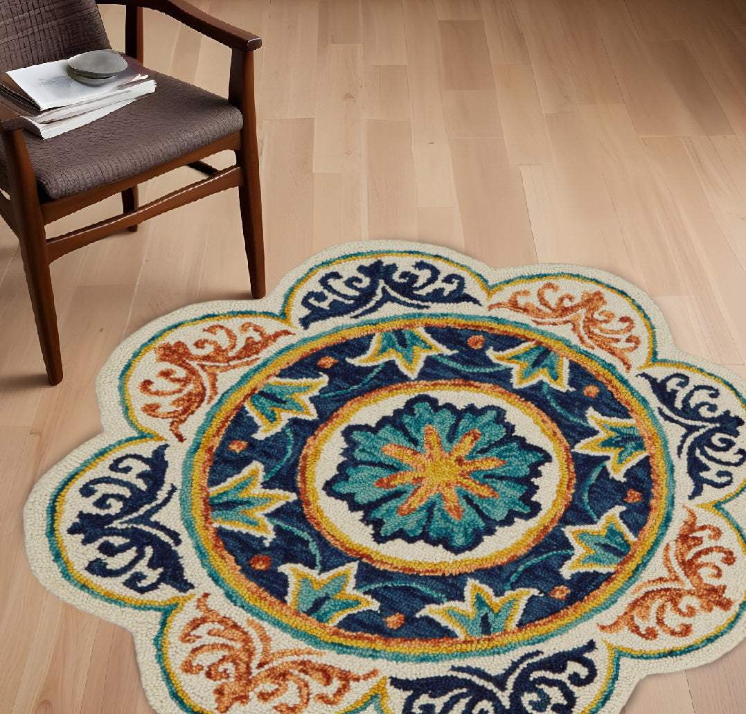 6' Ivory Round Wool Geometric Hand Tufted Area Rug