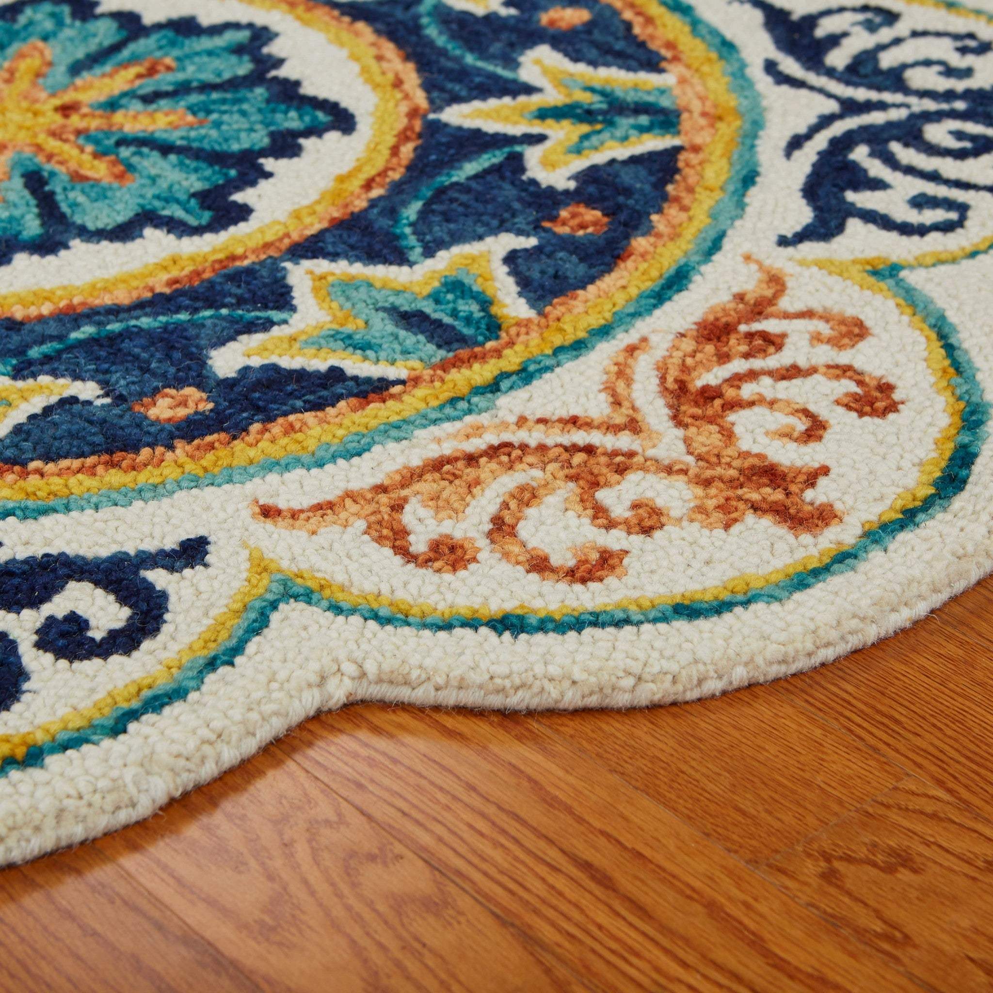 6' Ivory Round Wool Geometric Hand Tufted Area Rug - Image 6