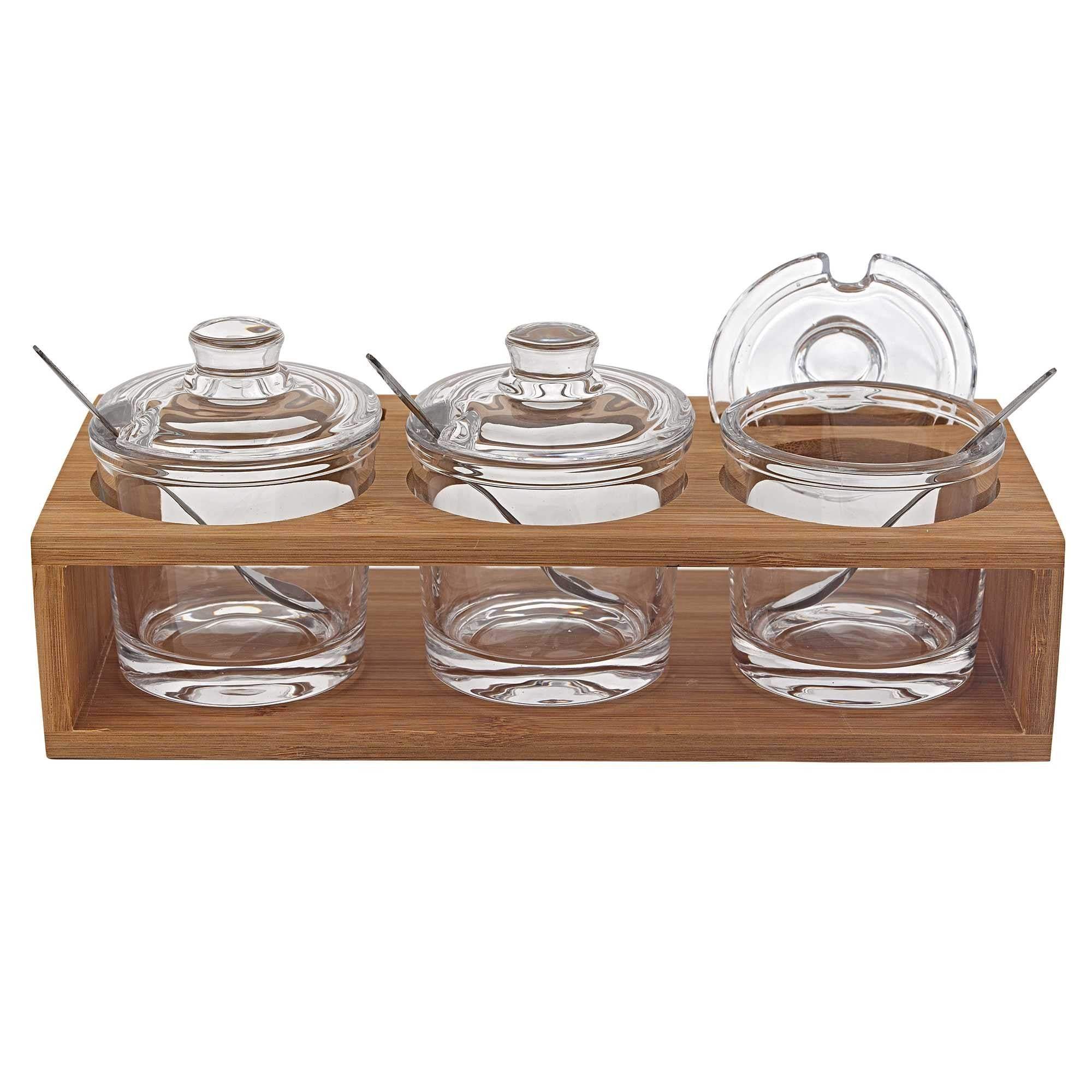 6 Mouth Blown Crystal Jam Set With 3 Glass Jars And Spoons On A Wood Stand - Image 2