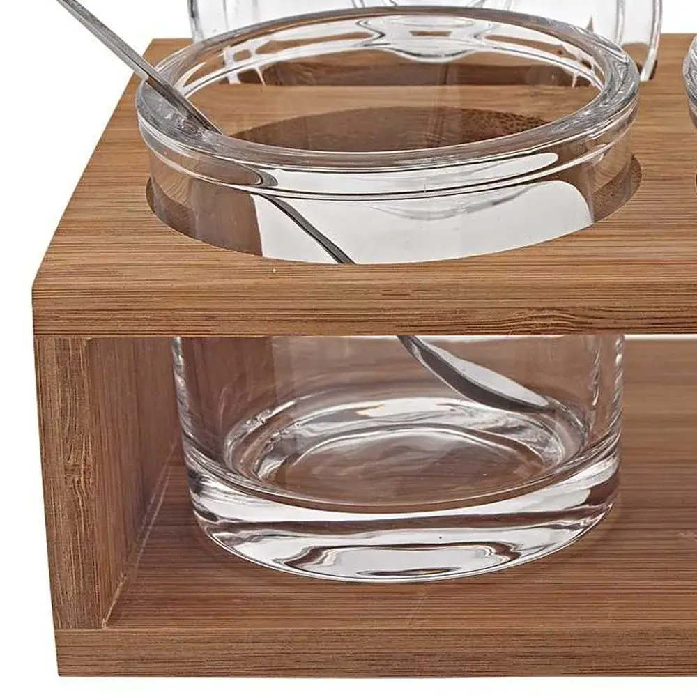 6 Mouth Blown Crystal Jam Set With 3 Glass Jars And Spoons On A Wood Stand - Image 3