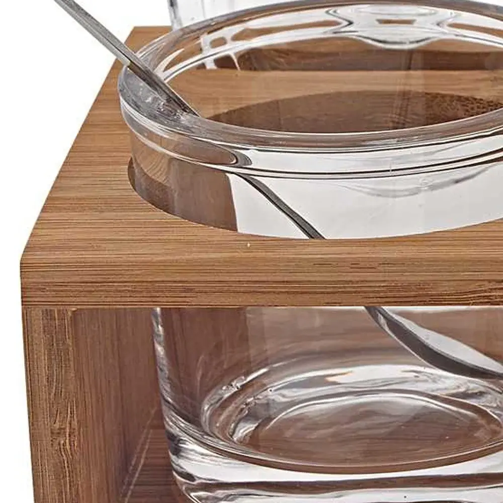 6 Mouth Blown Crystal Jam Set With 3 Glass Jars And Spoons On A Wood Stand - Image 4