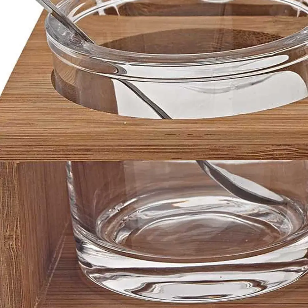 6 Mouth Blown Crystal Jam Set With 3 Glass Jars And Spoons On A Wood Stand - Image 5