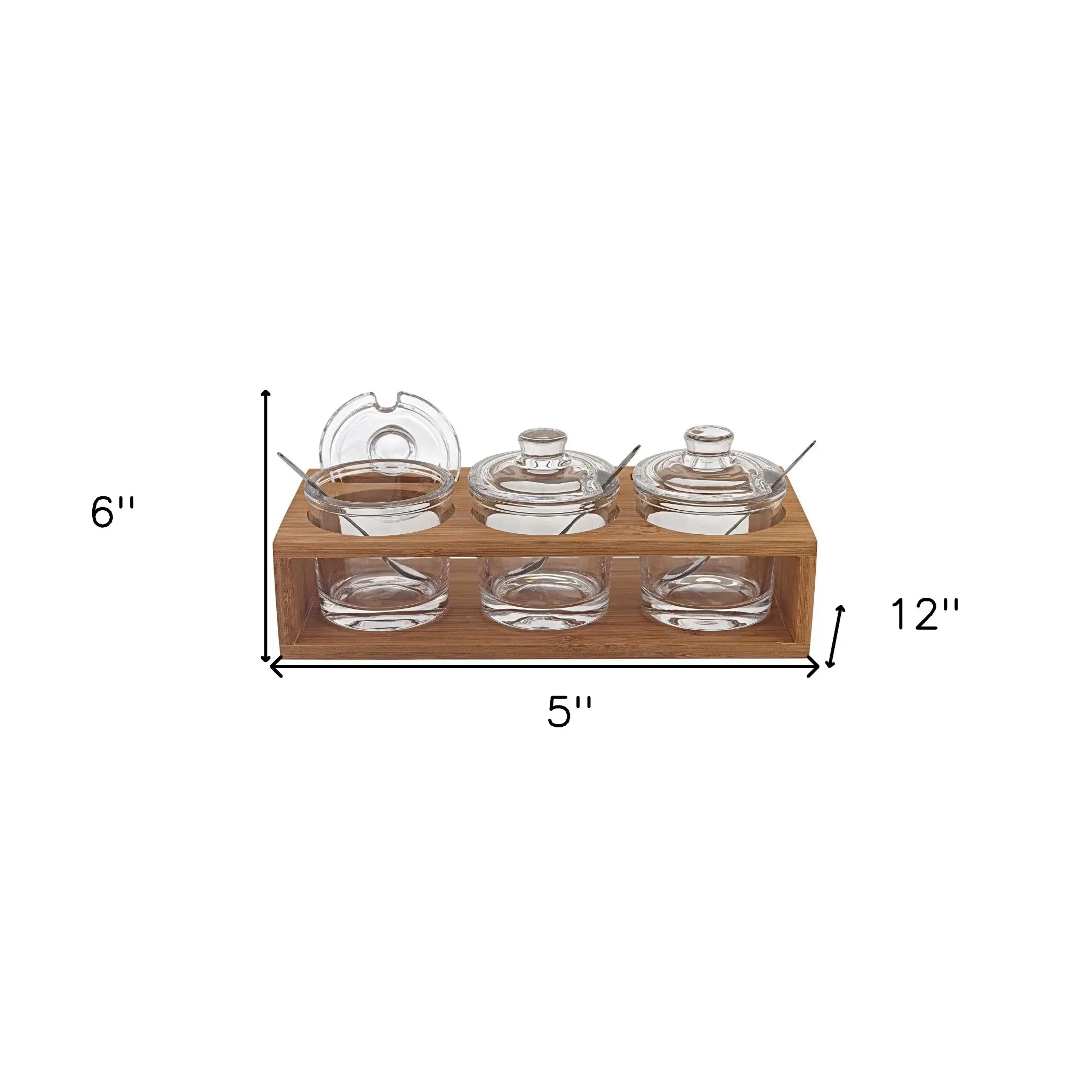 6 Mouth Blown Crystal Jam Set With 3 Glass Jars And Spoons On A Wood Stand - Image 7