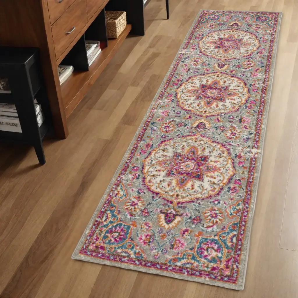 6' Pink And Gray Power Loom Runner Rug