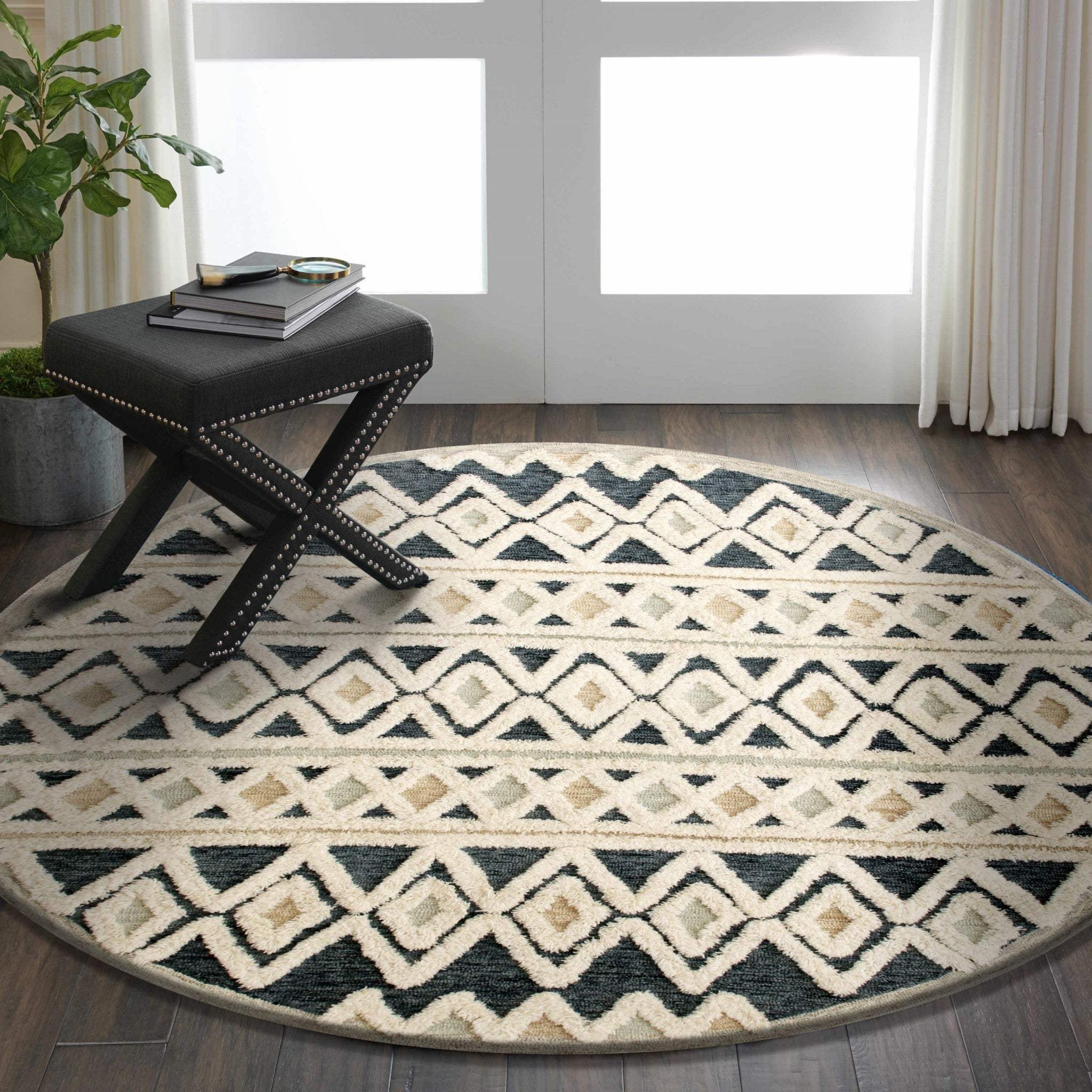 6' Round Blue and Cream Striped Diamonds Area Rug - Image 4