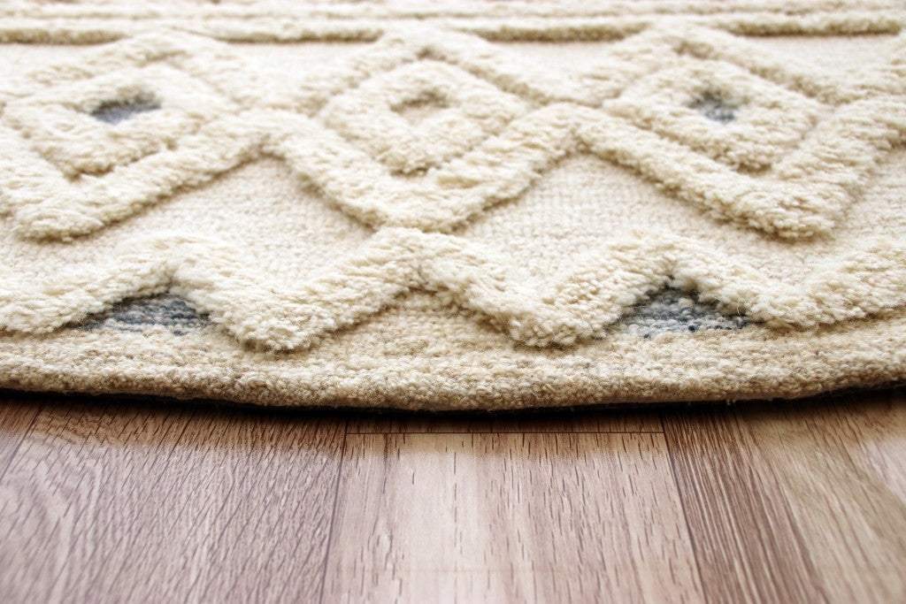 6' Round Cream and Blue Striped Diamonds Area Rug - Image 3