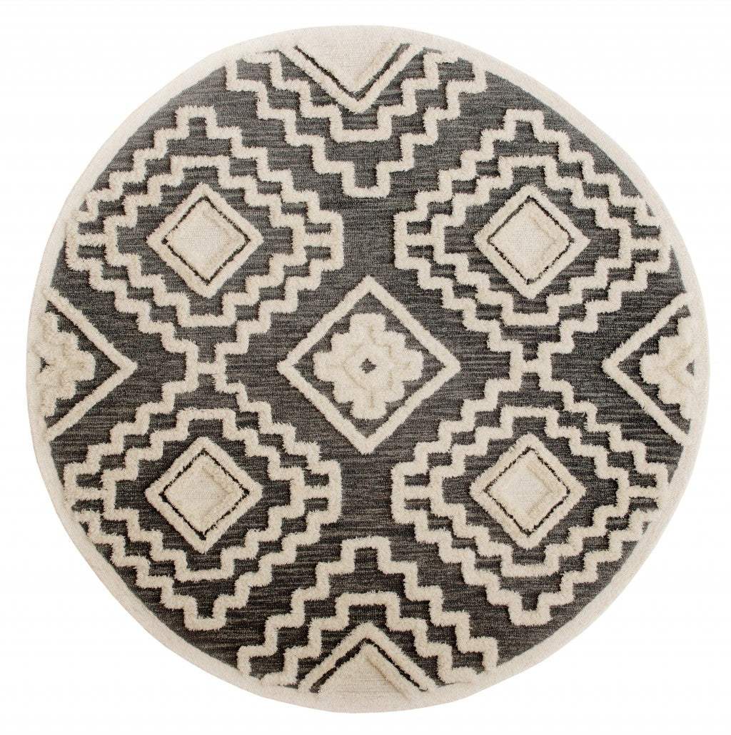 6' Round Gray and Cream Geometric Area Rug