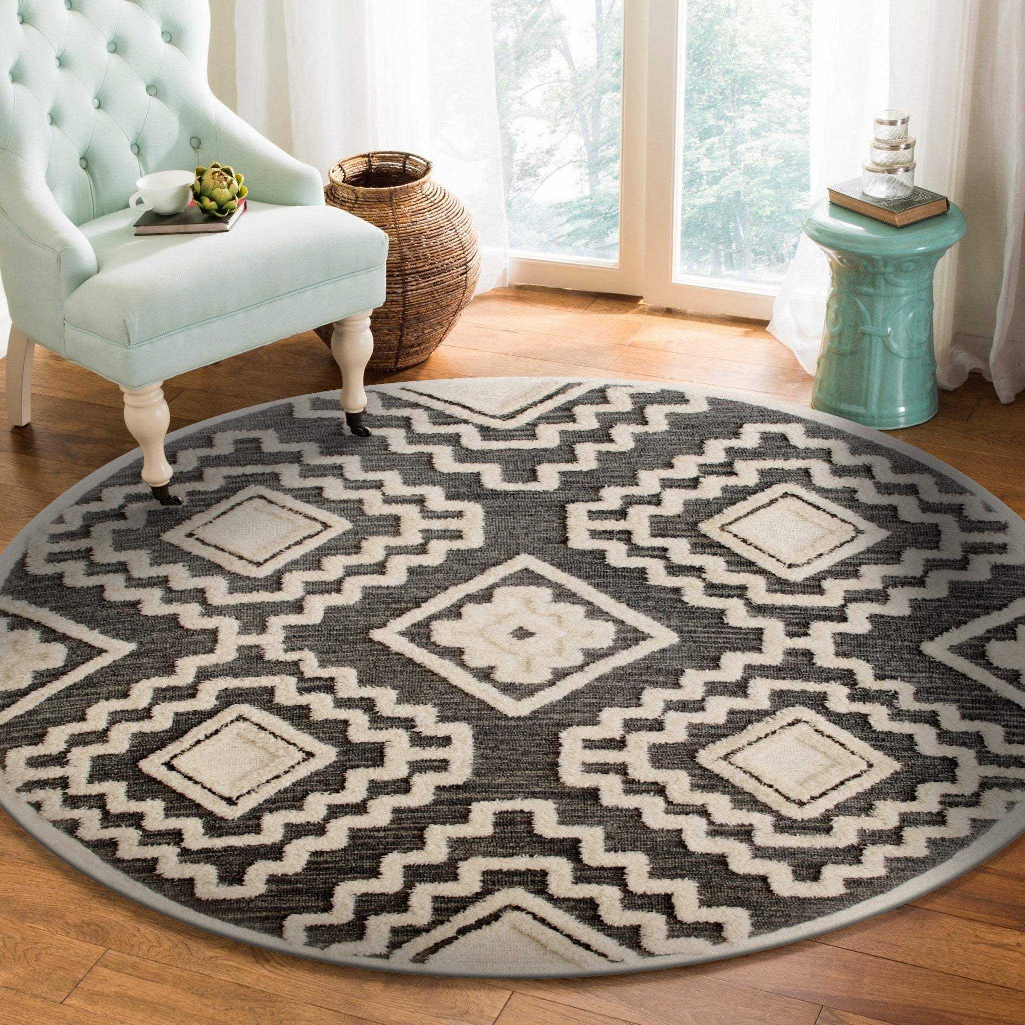 6' Round Gray and Cream Geometric Area Rug - Image 6