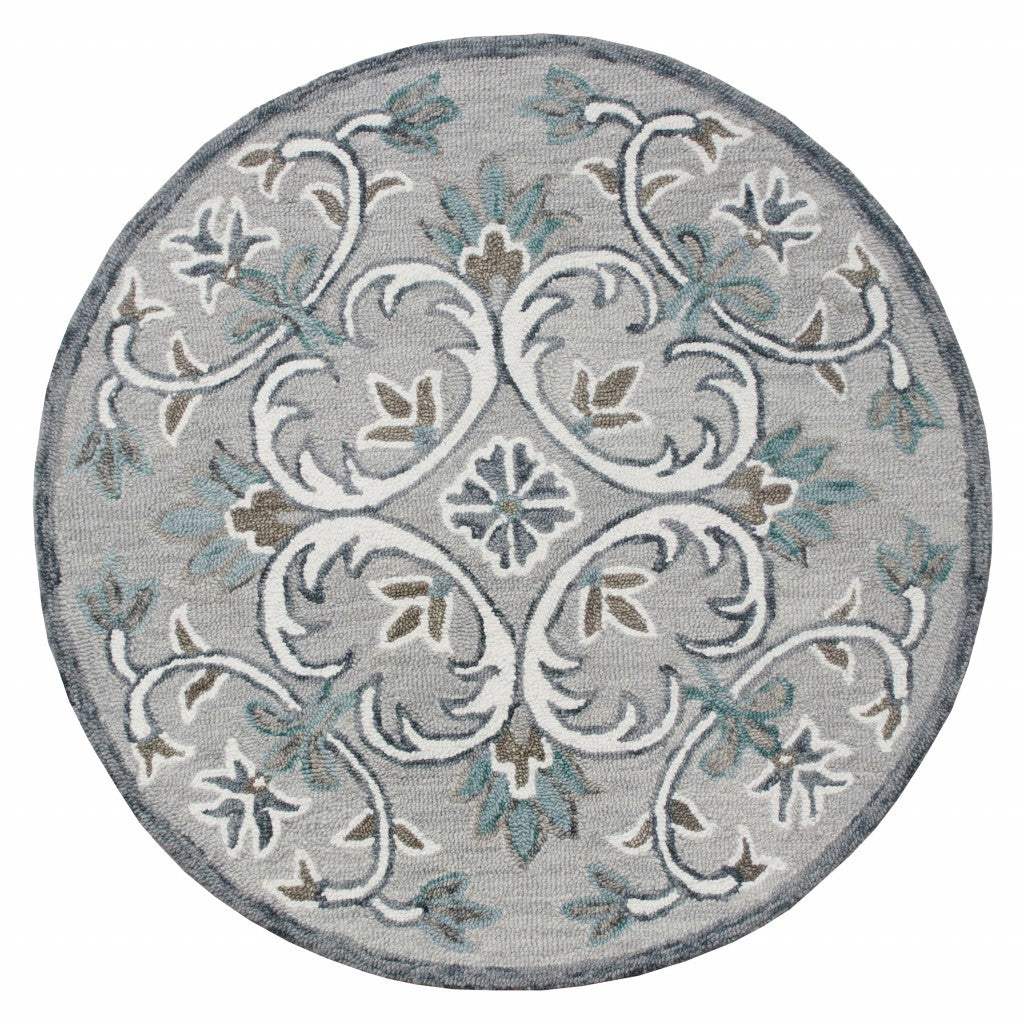 6' Round Gray and White Filigree Area Rug - Image 2