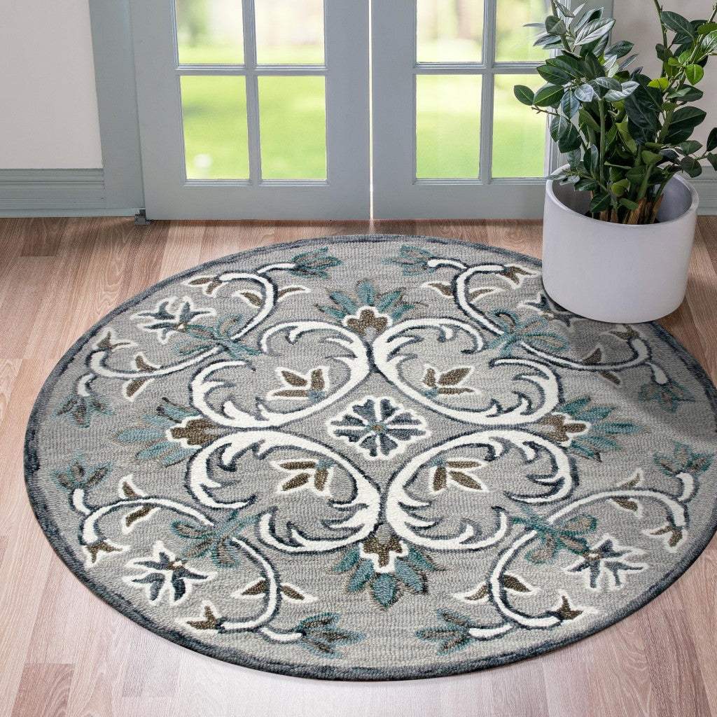 6' Round Gray and White Filigree Area Rug - Image 5