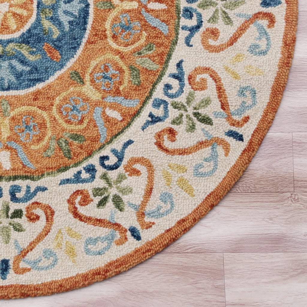 6' Round Orange Traditional Medallion Area Rug - Image 3