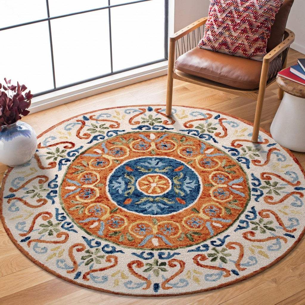 6' Round Orange Traditional Medallion Area Rug - Image 7