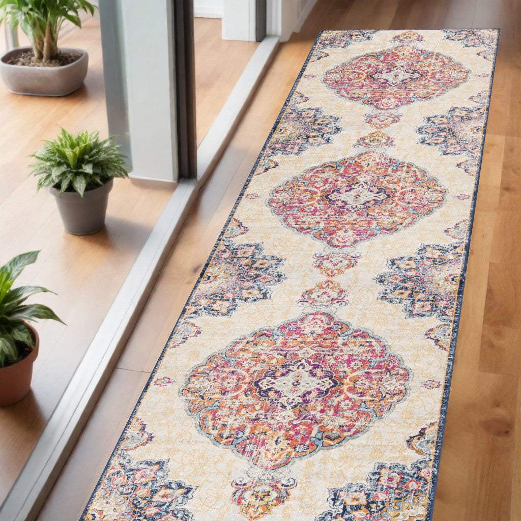 6' Runner Blue and Beige Medallion Area Rug