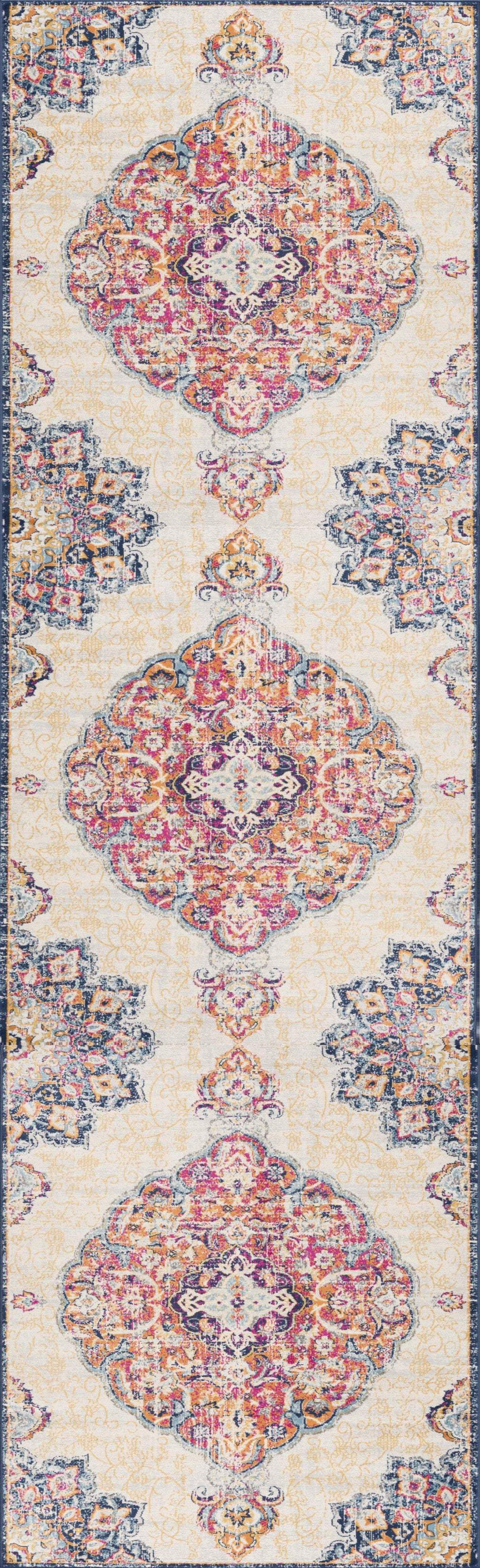 6' Runner Blue and Beige Medallion Area Rug - Image 2