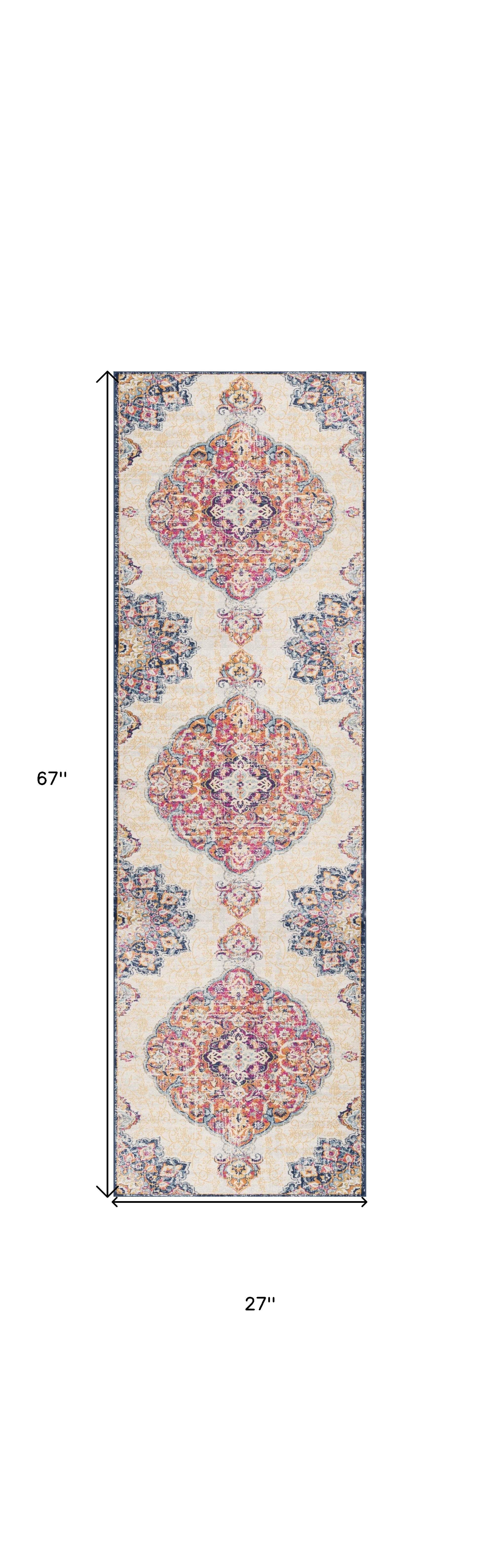 6' Runner Blue and Beige Medallion Area Rug - Image 3