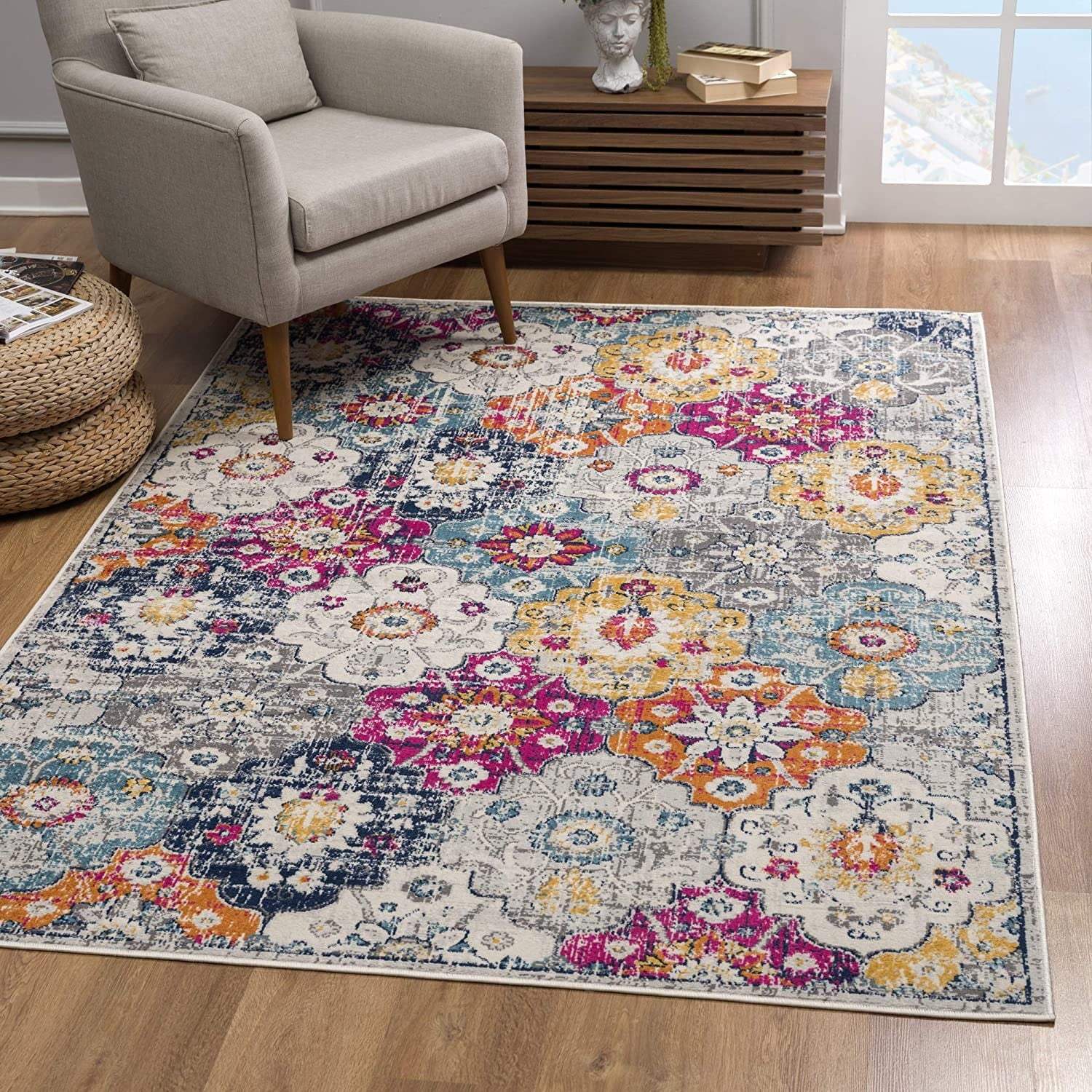 6' Runner Blue and Ivory Floral Area Rug - Image 3