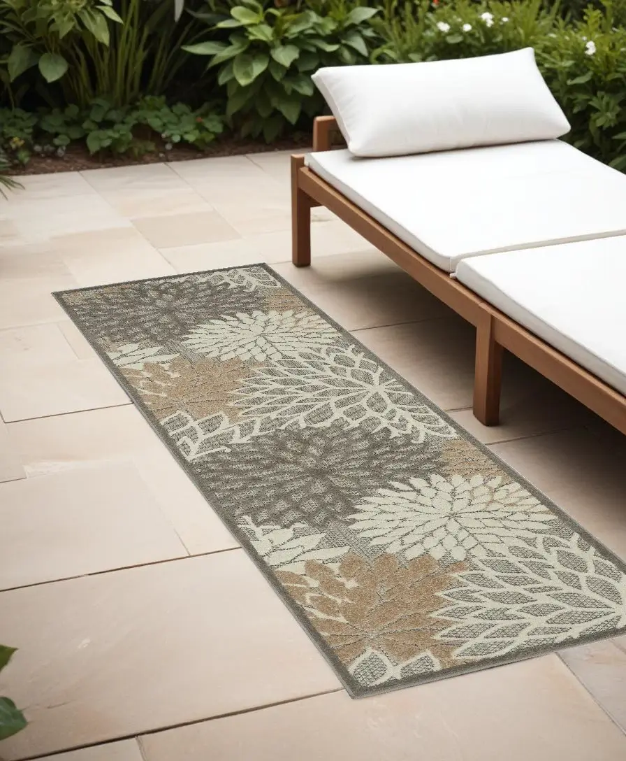 6' Runner Gray and Ivory Floral Indoor Outdoor Area Rug