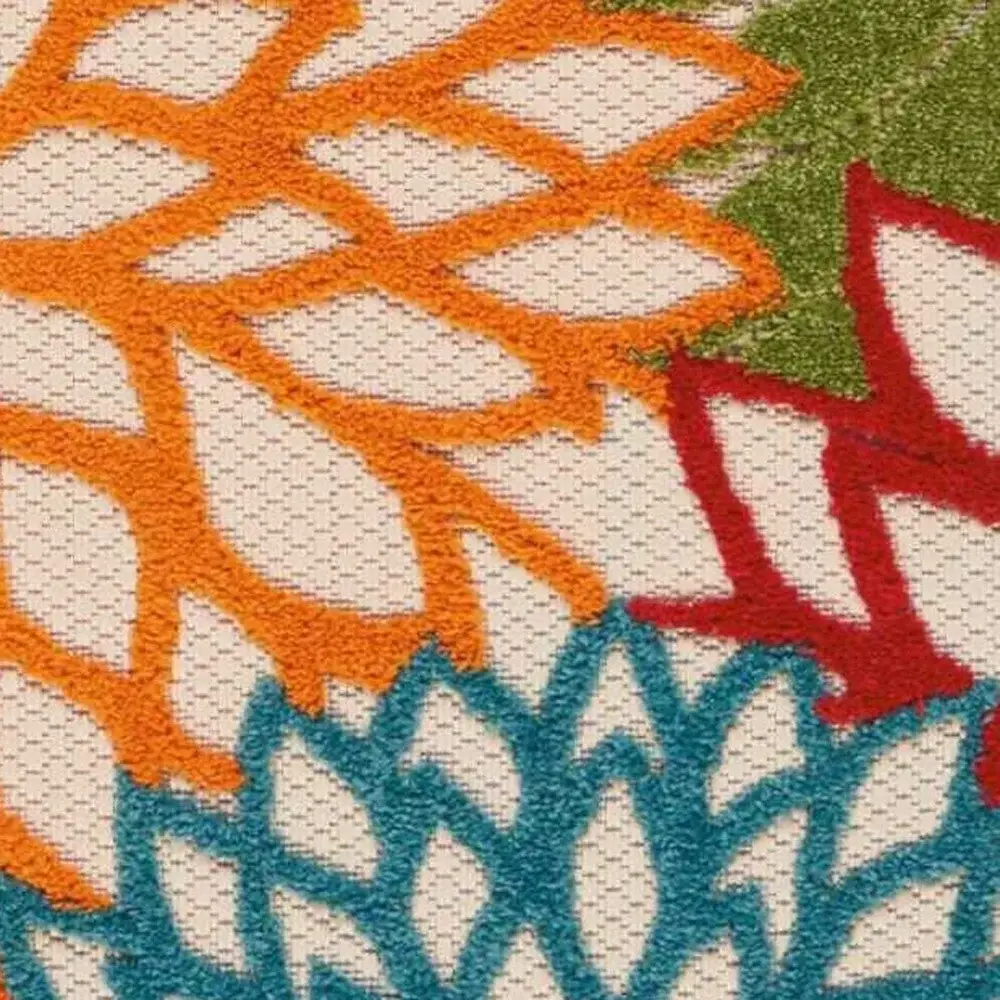 6' Runner Ivory Blue and Orange Floral Indoor Outdoor Area Rug - Image 2