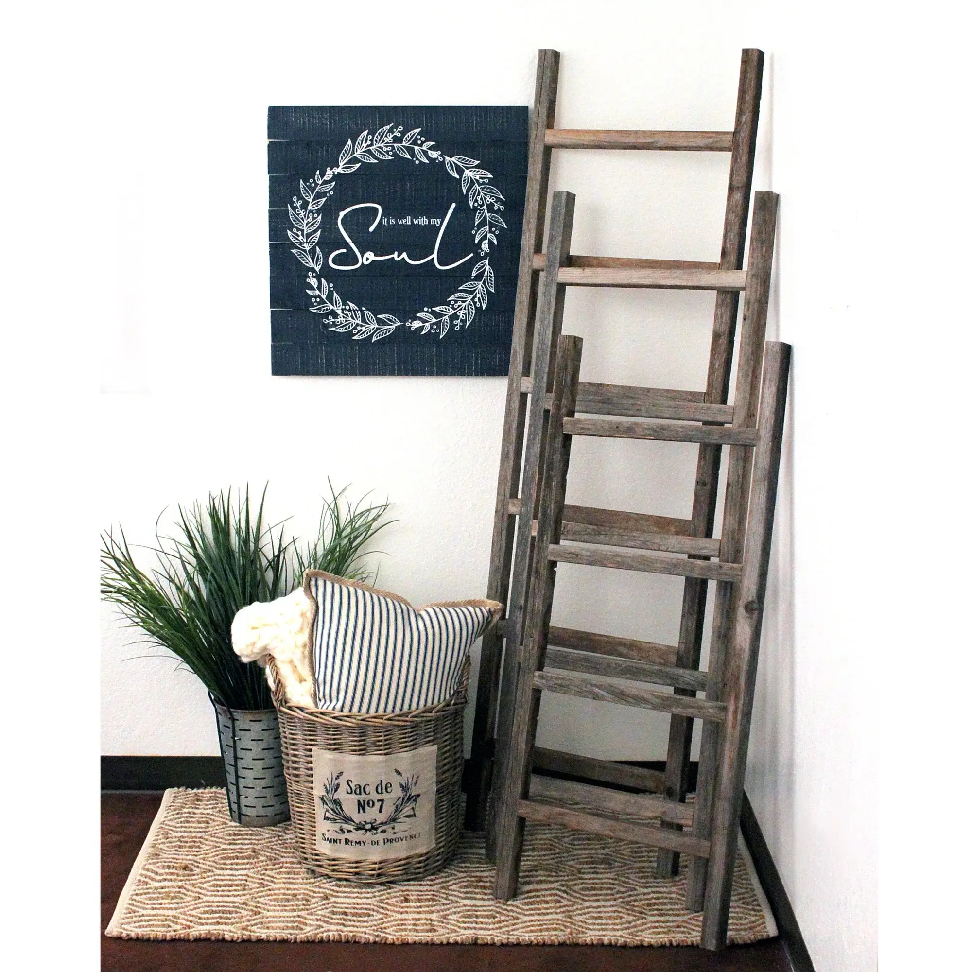 6 Step Rustic Smoky Black Wood Ladder Shelf - Image 2