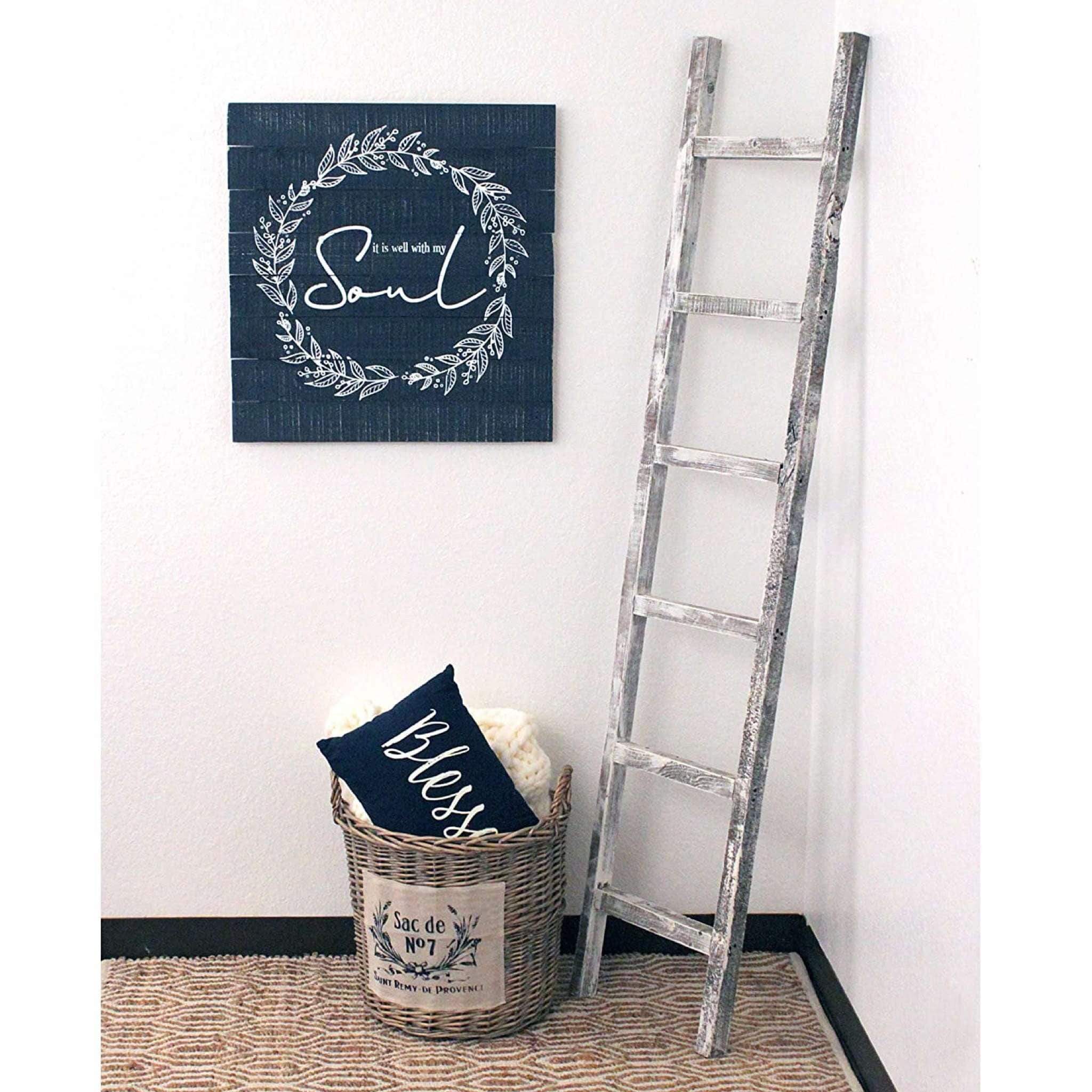 6 Step Rustic White Wash Wood Ladder Shelf - Image 4