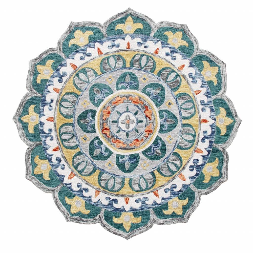 6' Teal Blue Round Wool Hand Hooked Handmade Area Rug - Image 2