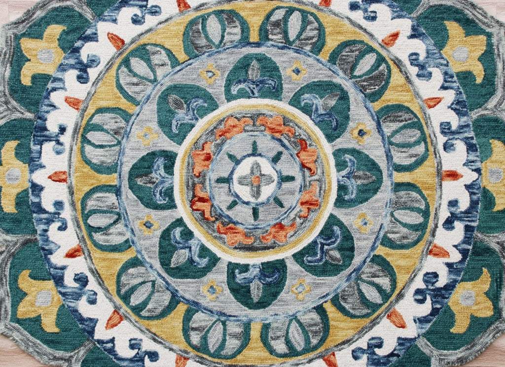 6' Teal Blue Round Wool Hand Hooked Handmade Area Rug - Image 4