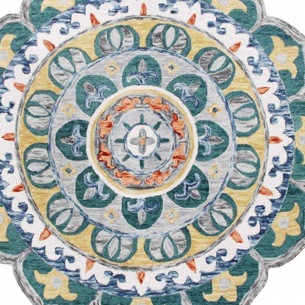 6' Teal Blue Round Wool Hand Hooked Handmade Area Rug - Image 6