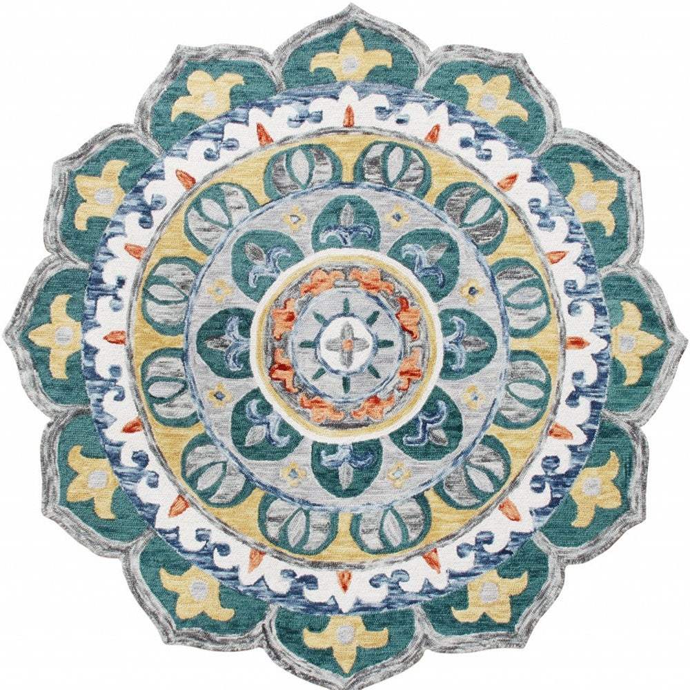 6' Teal Blue Round Wool Hand Hooked Handmade Area Rug - Image 7
