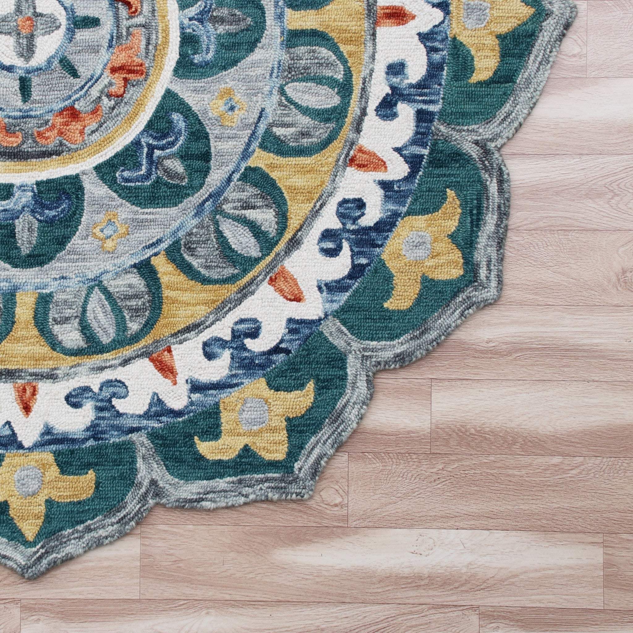 6' Teal Blue Round Wool Hand Hooked Handmade Area Rug - Image 8