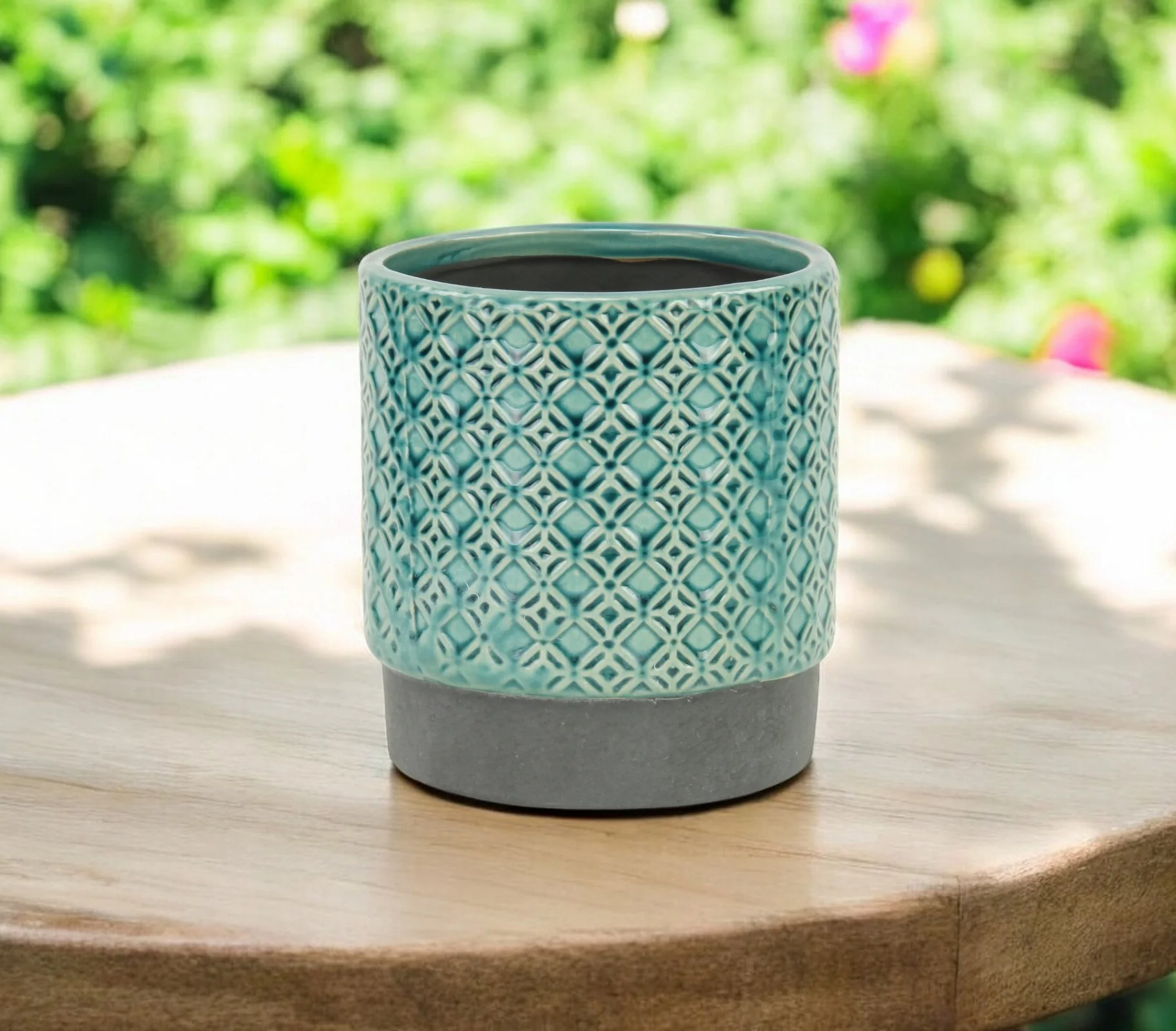 6" Turquoise Geometric Ceramic Indoor Outdoor Round Pot Planter