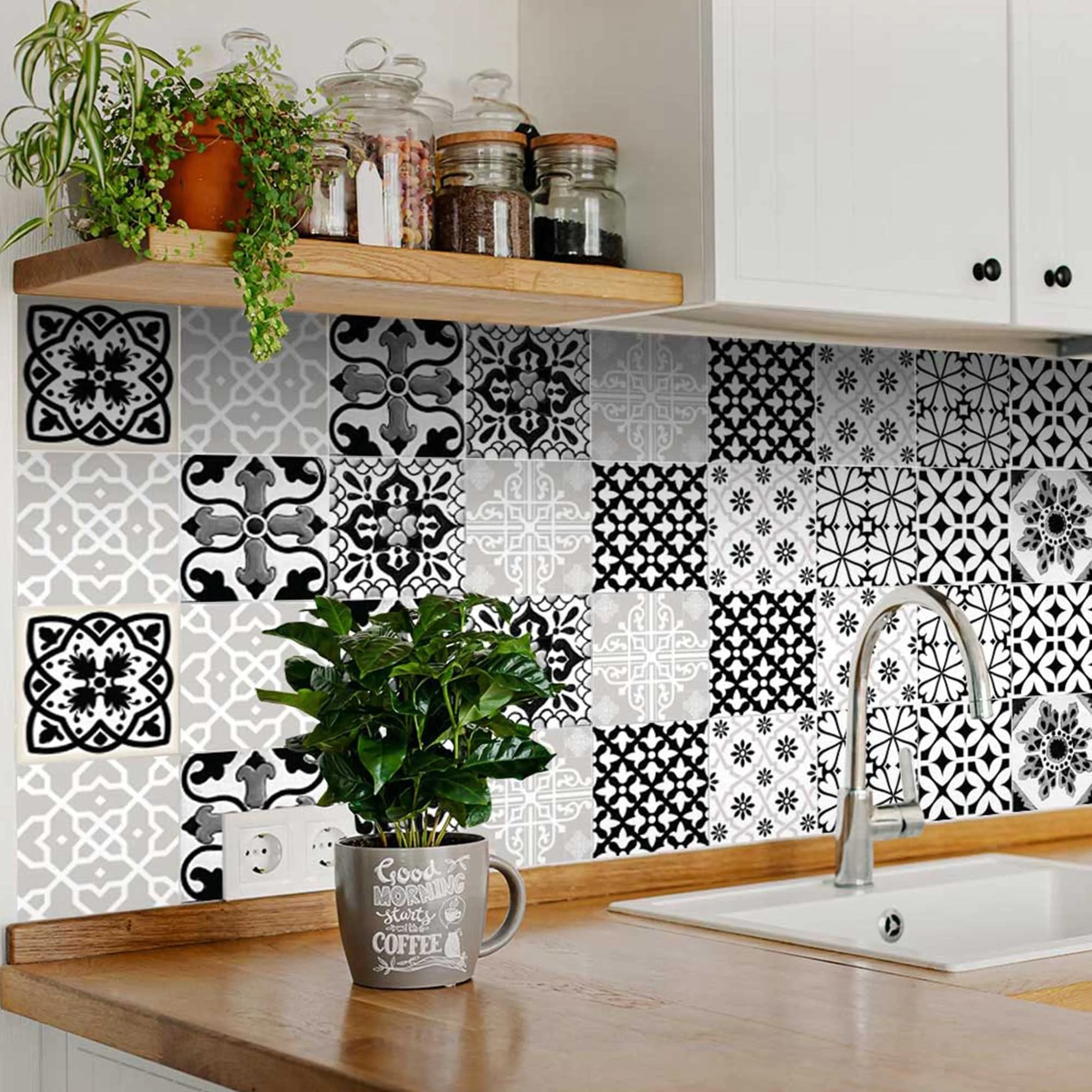 6" X 6" Black White and Gray Bella Peel and Stick Tiles - Image 5