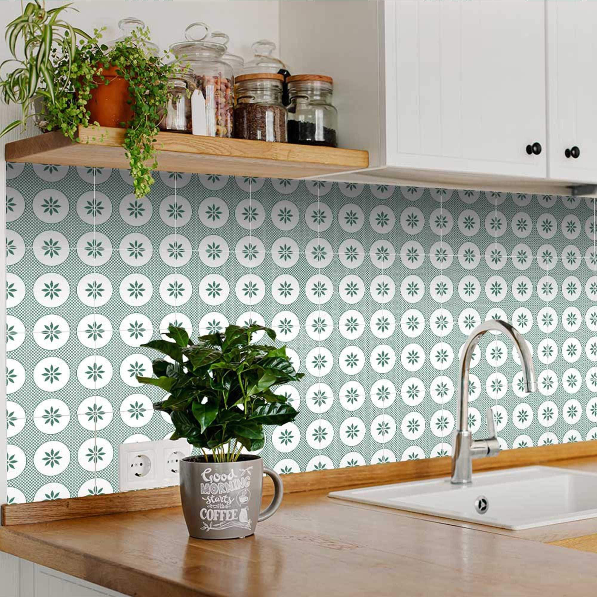 6" x 6" Light Sage And White Circle Flower Peel and Stick Removable Tiles - Image 5