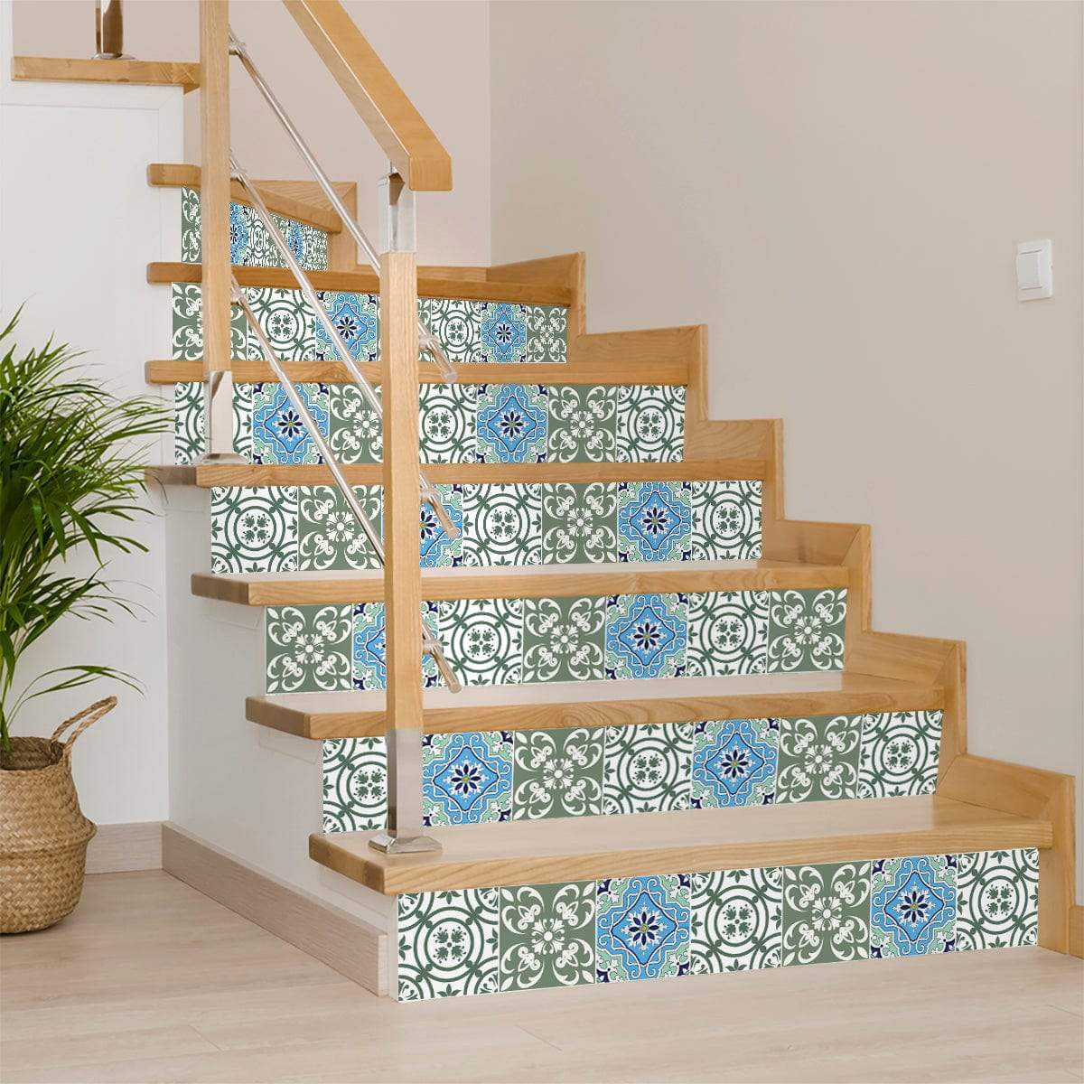 6" X 6" Sage And Aqua Floral Peel And Stick Removable Tiles