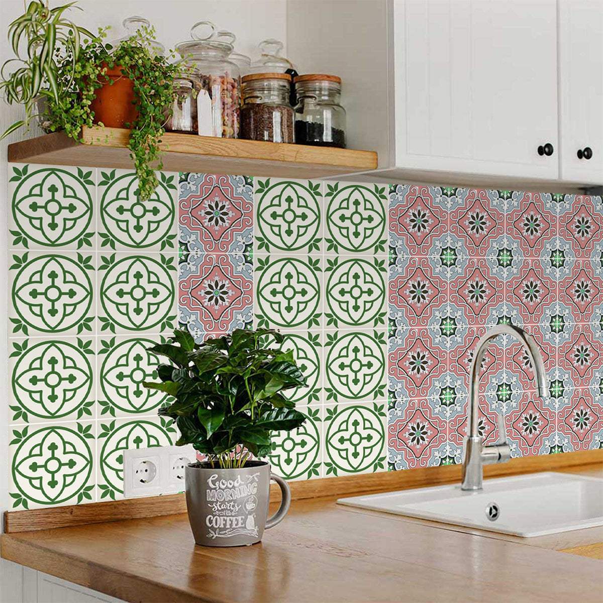6" X 6" Vintage Green And Taupe Mosaic Peel And Stick Removable Tiles - Image 6