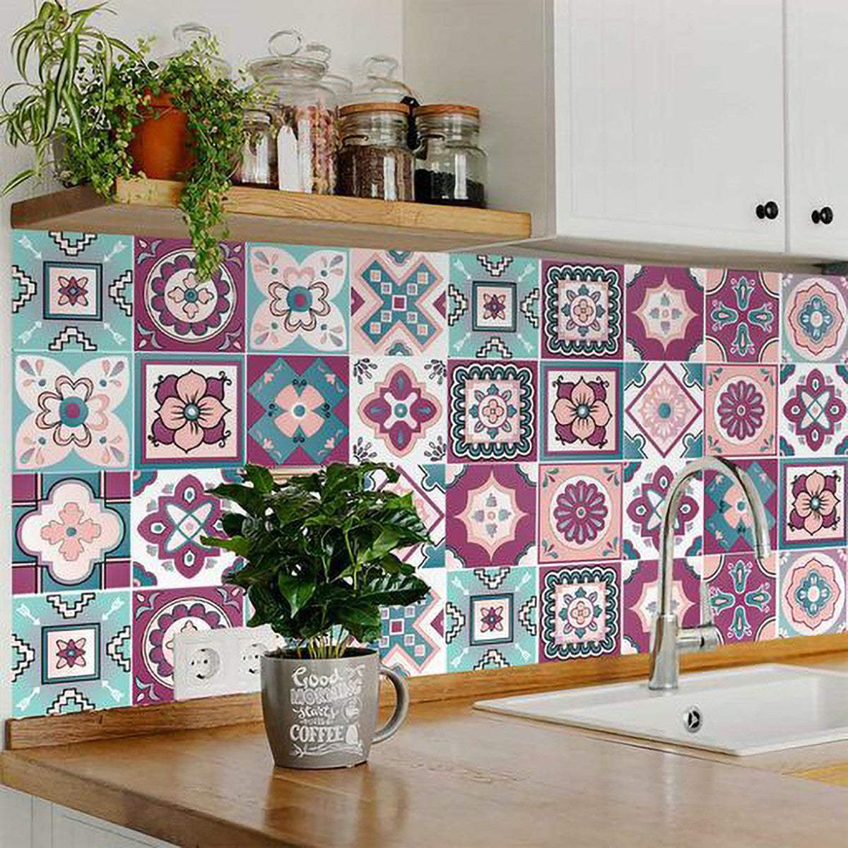 6" X 6" Vintage Turq Blush And Mauve Peel And Stick Removable Tiles - Image 5
