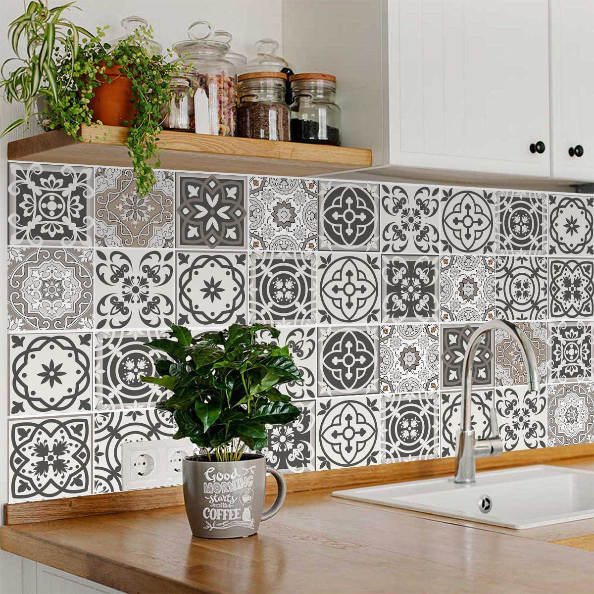 6" x 6" Wood Brown and White Mosaic Peel and Stick Removable Tiles - Image 6