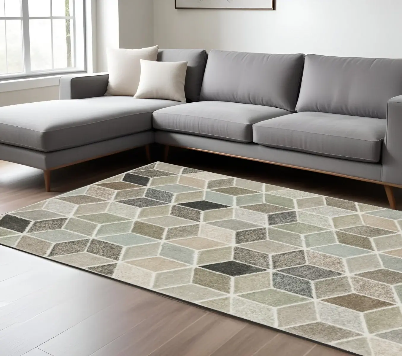 6' X 9' Beige Brown Grey Tan Sage And Pale Blue Geometric Power Loom Stain Resistant Area Rug
