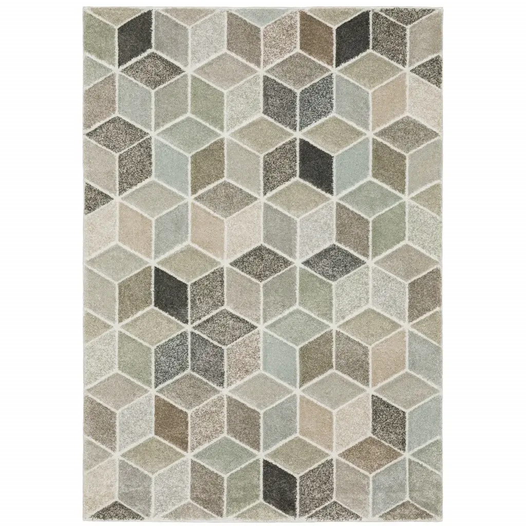 6' X 9' Beige Brown Grey Tan Sage And Pale Blue Geometric Power Loom Stain Resistant Area Rug - Image 2