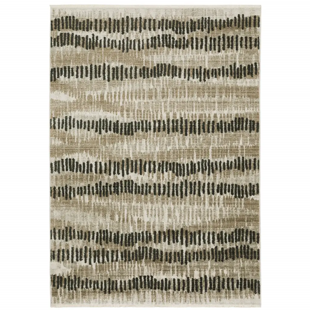 6' X 9' Beige Ivory Charcoal Brown Tan And Grey Abstract Power Loom Stain Resistant Area Rug With Fringe - Image 2