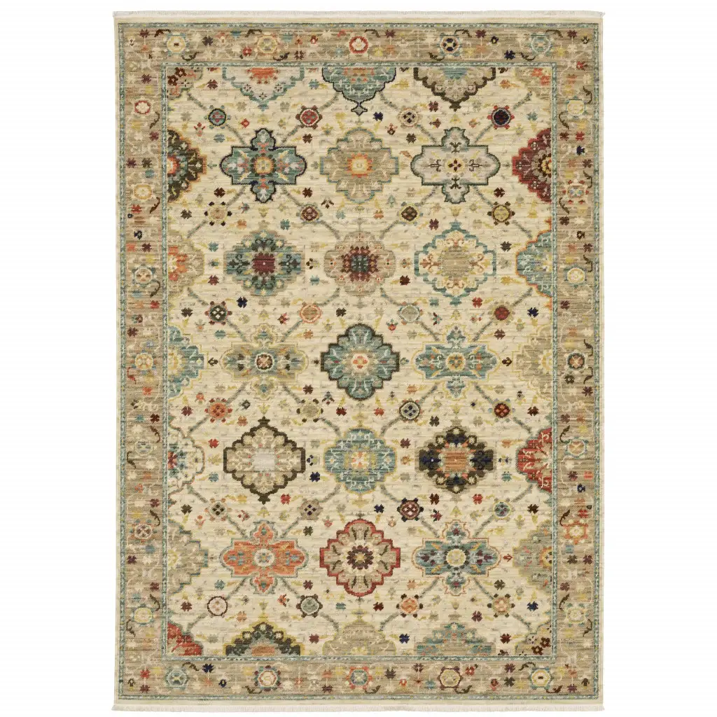 6' X 9' Beige Pale Blue Rust Gold Tan Brown And Orange Oriental Power Loom Stain Resistant Area Rug With Fringe - Image 2