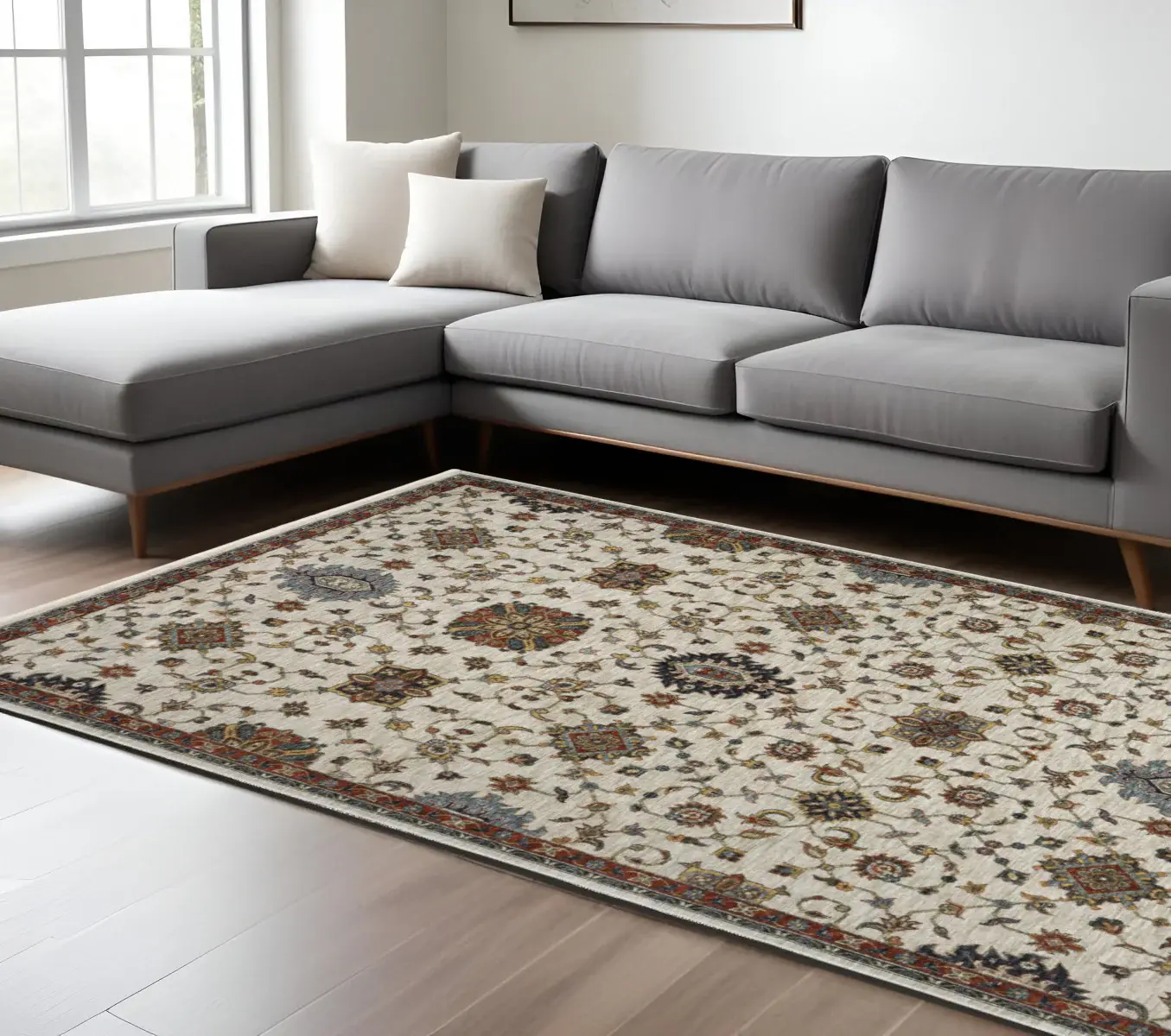 6' X 9' Beige Rust Red Blue Gold And Grey Oriental Power Loom Stain Resistant Area Rug With Fringe
