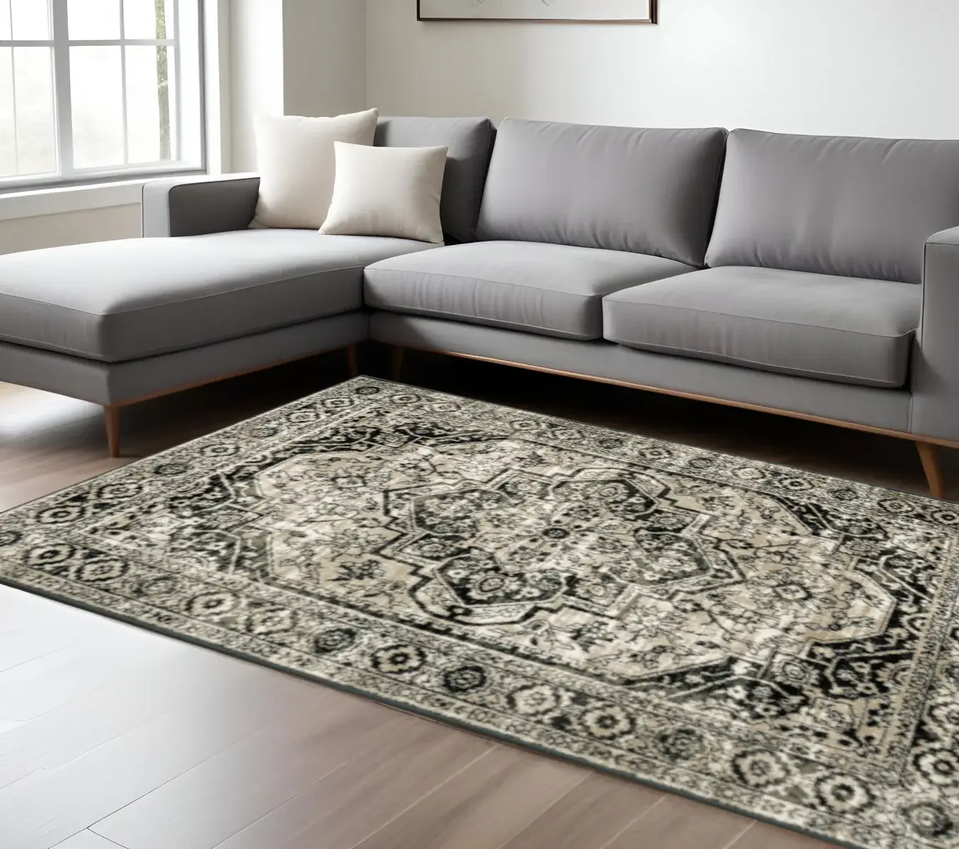 6' X 9' Black Grey Tan And Ivory Oriental Power Loom Stain Resistant Area Rug