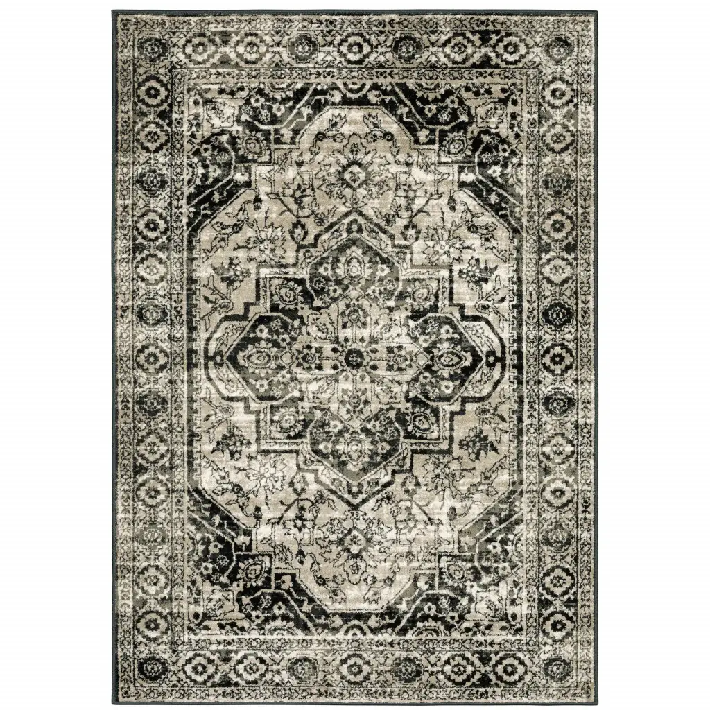 6' X 9' Black Grey Tan And Ivory Oriental Power Loom Stain Resistant Area Rug - Image 2